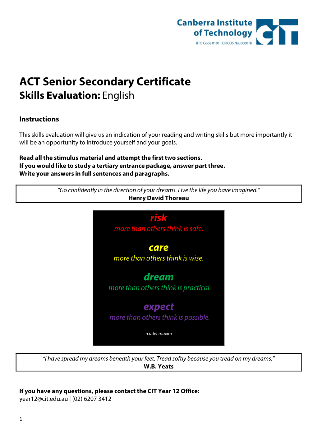 ACT Senior Secondary Certificate Skills Evaluation: English