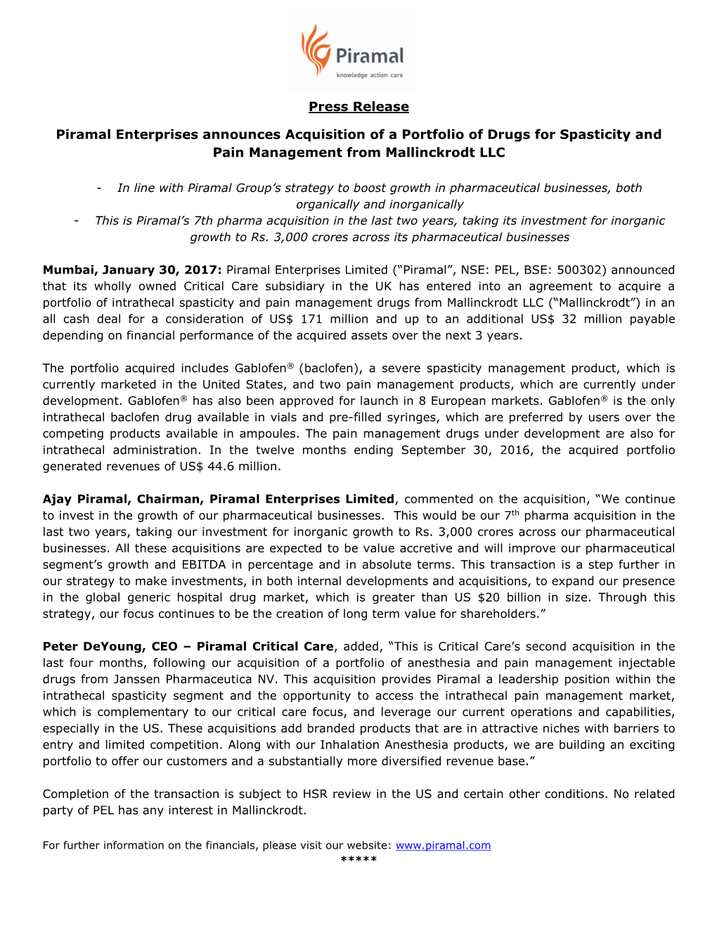 Piramal Enterprises Announces Acquisition of a Portfolio of Drugs for Spasticity and Pain Management from Mallinckrodt LLC
