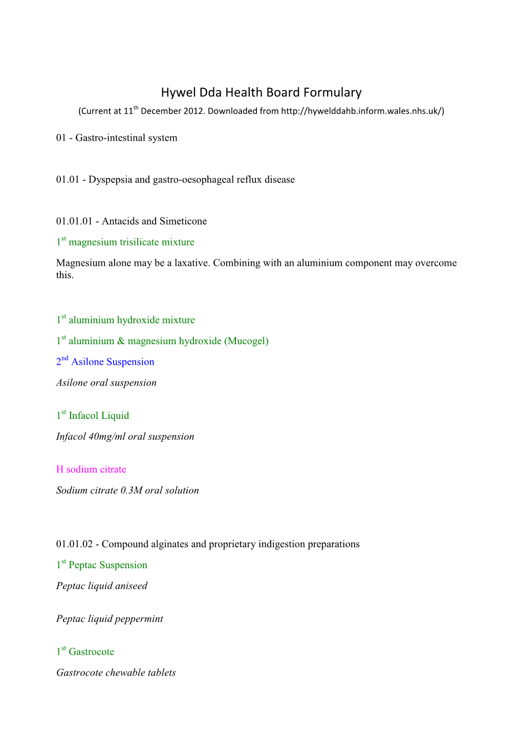 Hywel Dda Health Board Formulary (Current at 11 Th December 2012