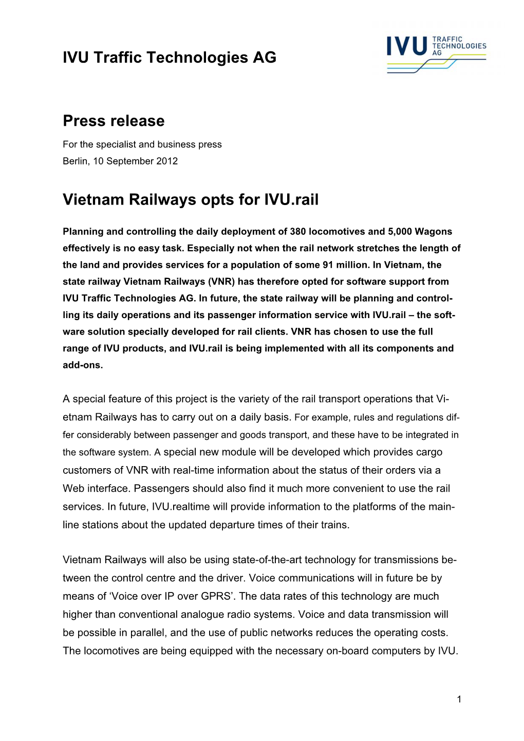 Vietnam Railways Opts for IVU.Rail