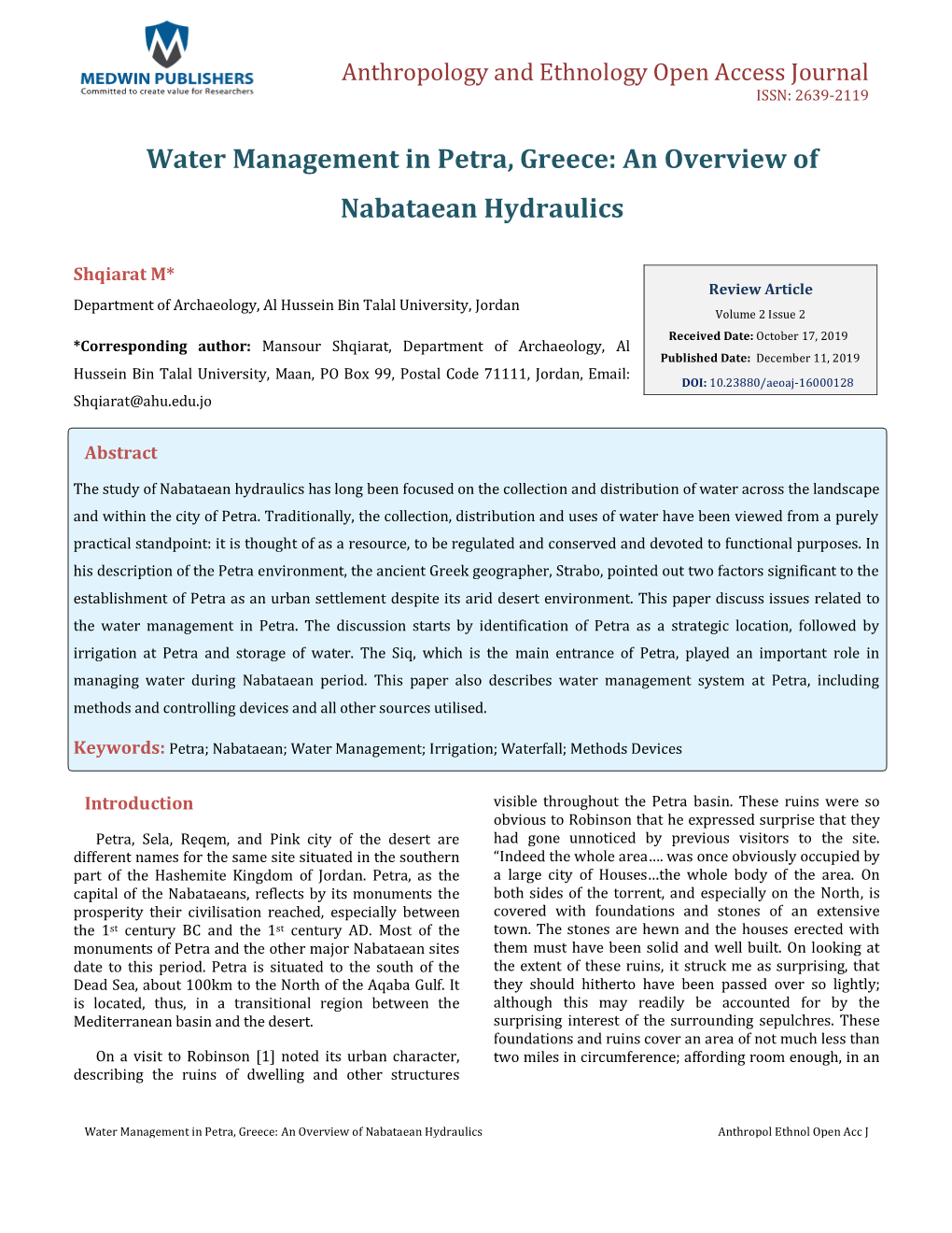 Shqiarat M. Water Management in Petra, Greece: an Overview of Nabataean Copyright© Shqiarat M