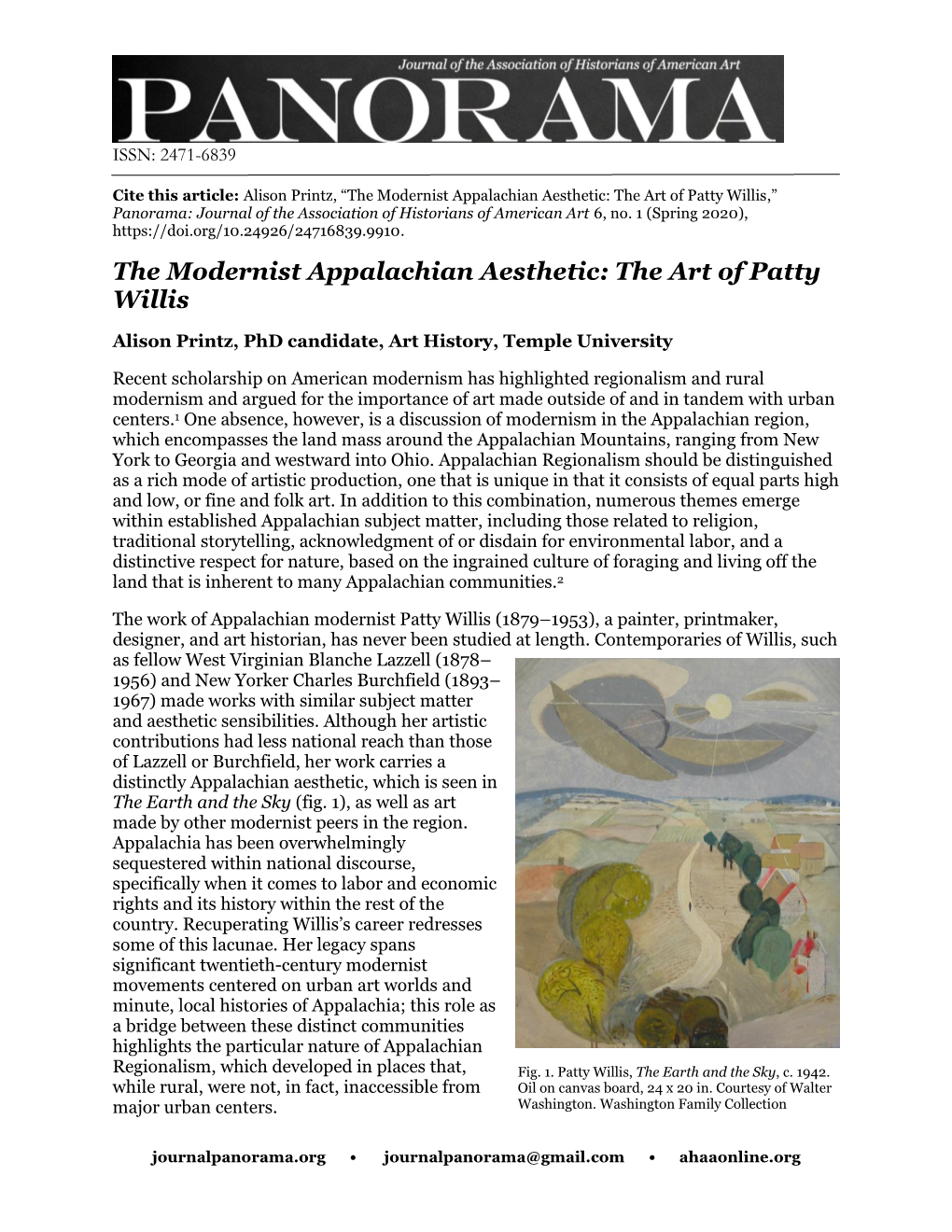 The Modernist Appalachian Aesthetic: the Art of Patty Willis,” Panorama: Journal of the Association of Historians of American Art 6, No