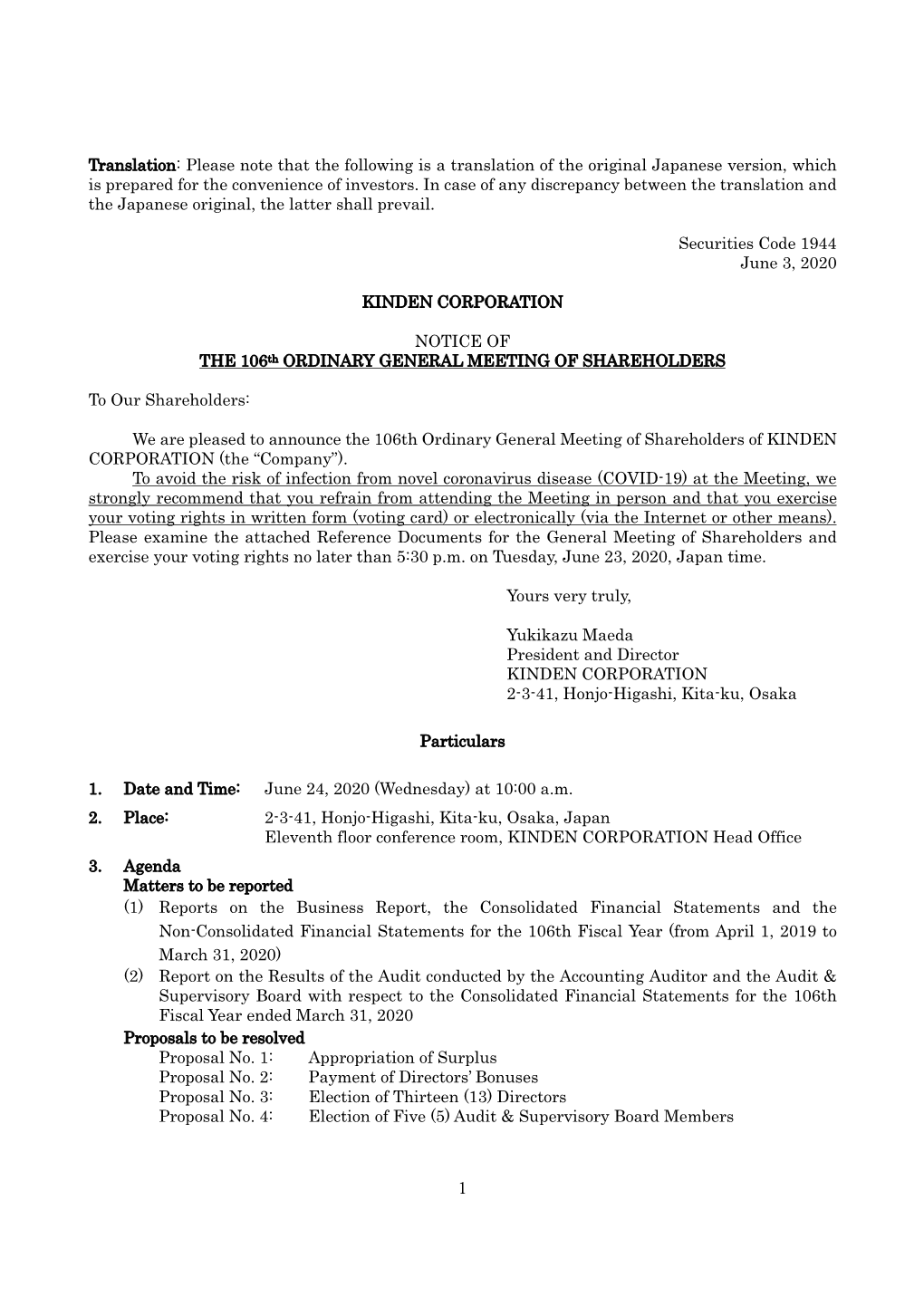 NOTICE of the 106Th ORDINARY GENERAL MEETING of SHAREHOLDERS
