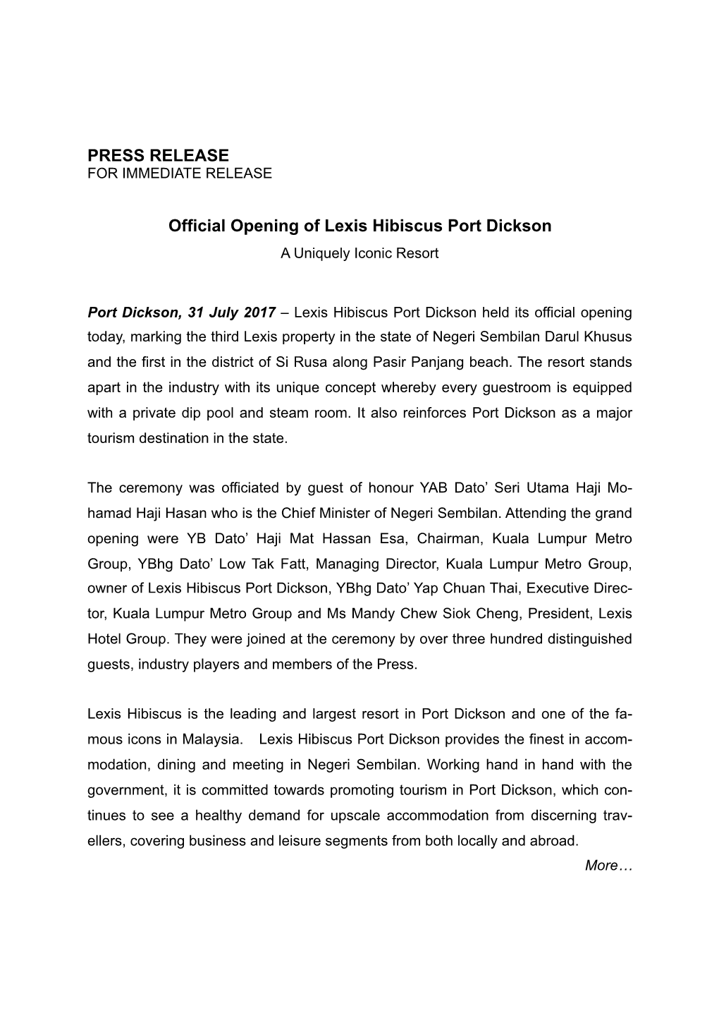 Press Release for Immediate Release