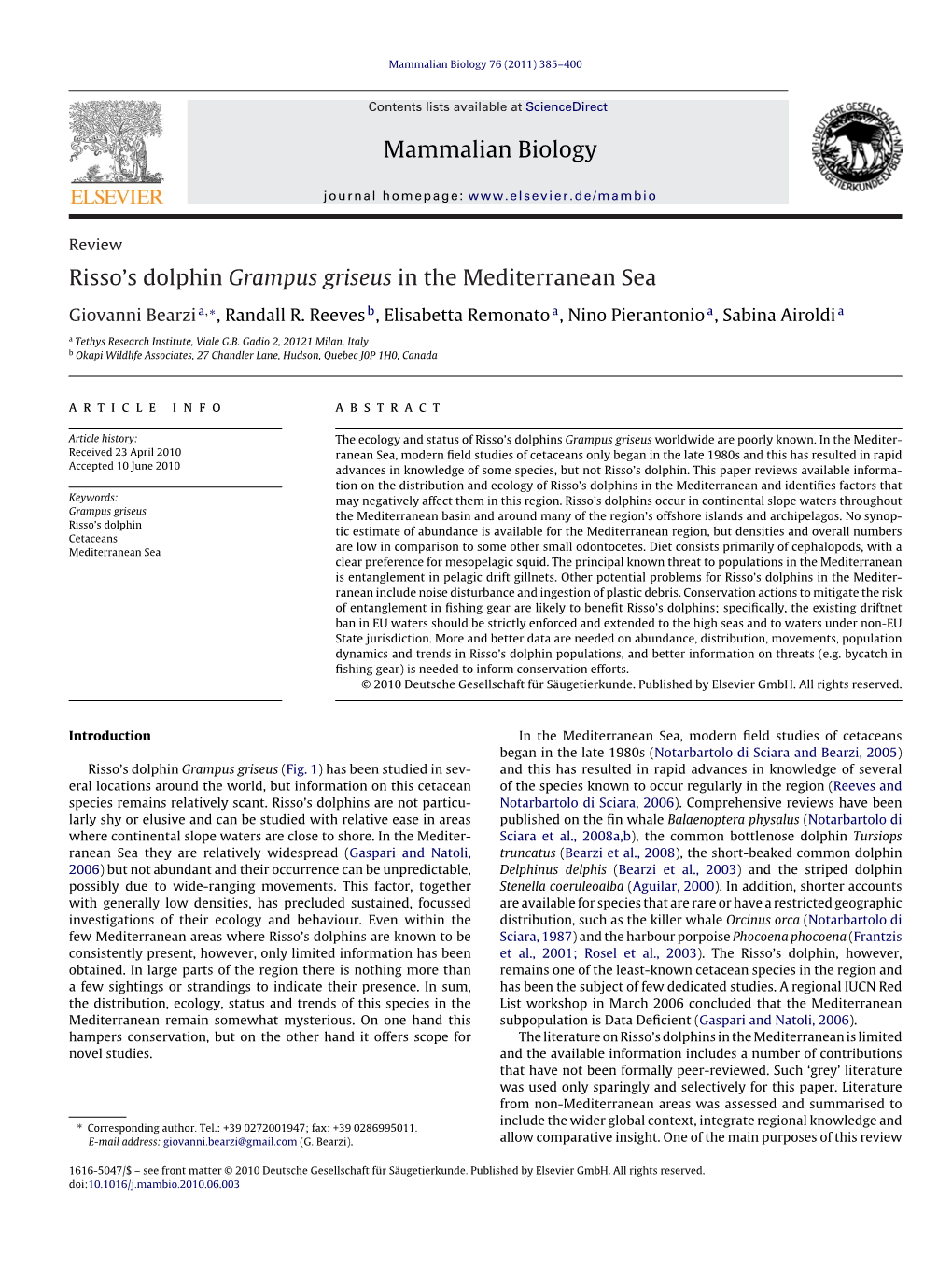 Mammalian Biology Risso's Dolphin Grampus Griseus in the Mediterranean