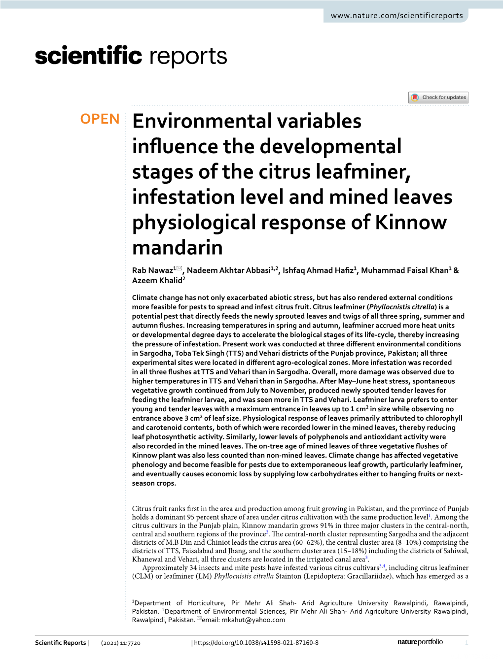 Environmental Variables Influence the Developmental Stages of the Citrus Leafminer, Infestation Level and Mined Leaves Physiolog