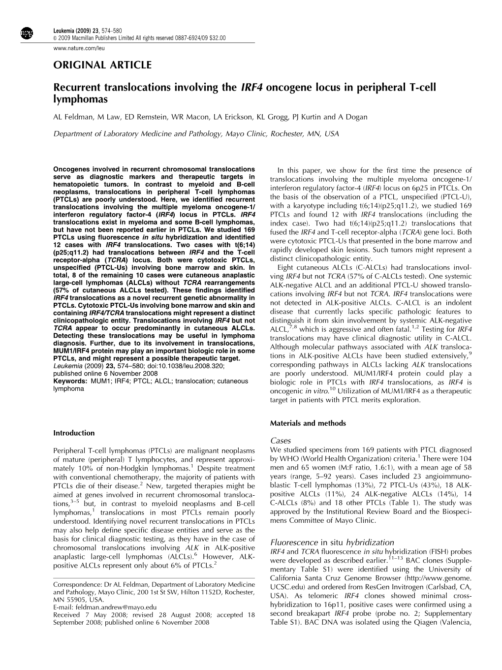 ORIGINAL ARTICLE Recurrent Translocations Involving the IRF4