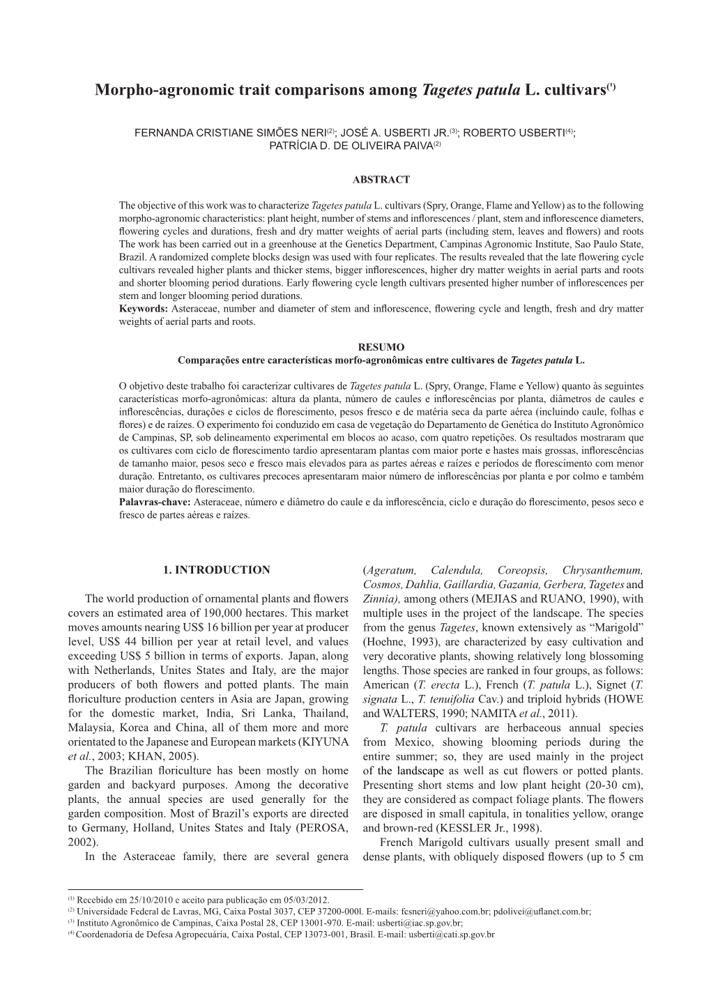 Morpho-Agronomic Trait Comparisons Among Tagetes Patula L. Cultivars(¹)