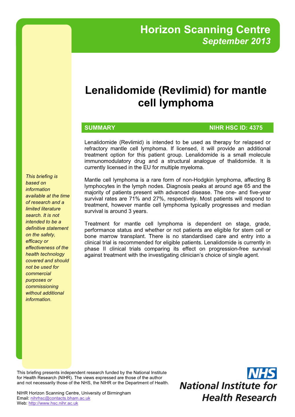 Lenalidomide (Revlimid) for Mantle Cell Lymphoma