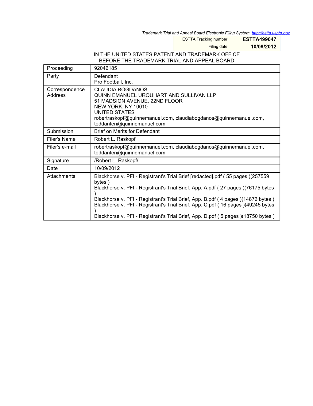 Estta499047 10/09/2012 in the United States Patent And