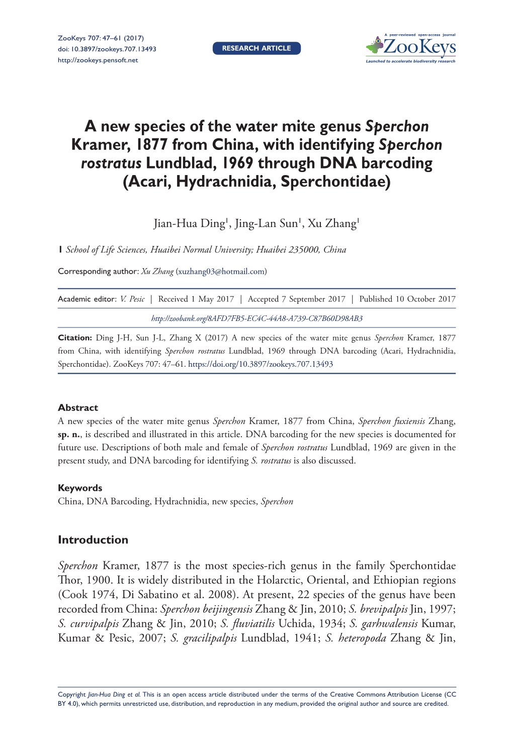 A New Species of the Water Mite Genus ﻿﻿Sperchon﻿﻿ Kramer, 1877 from China, with Identifying ﻿﻿Sperch