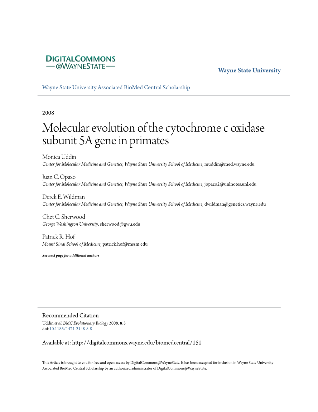 Molecular Evolution of the Cytochrome C Oxidase Subunit 5A Gene in Primates