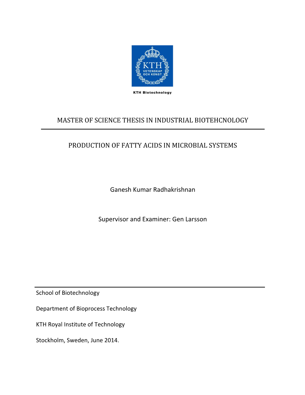 Master of Science Thesis in Industrial Biotehcnology