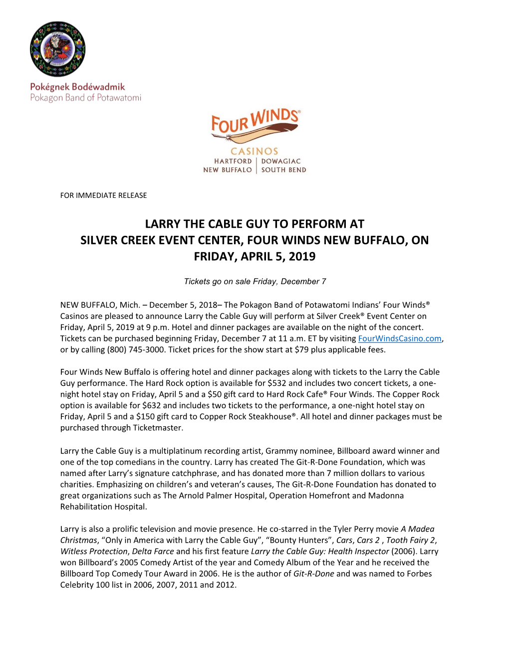 Larry the Cable Guy to Perform at Silver Creek Event Center, Four Winds New Buffalo, on Friday, April 5, 2019