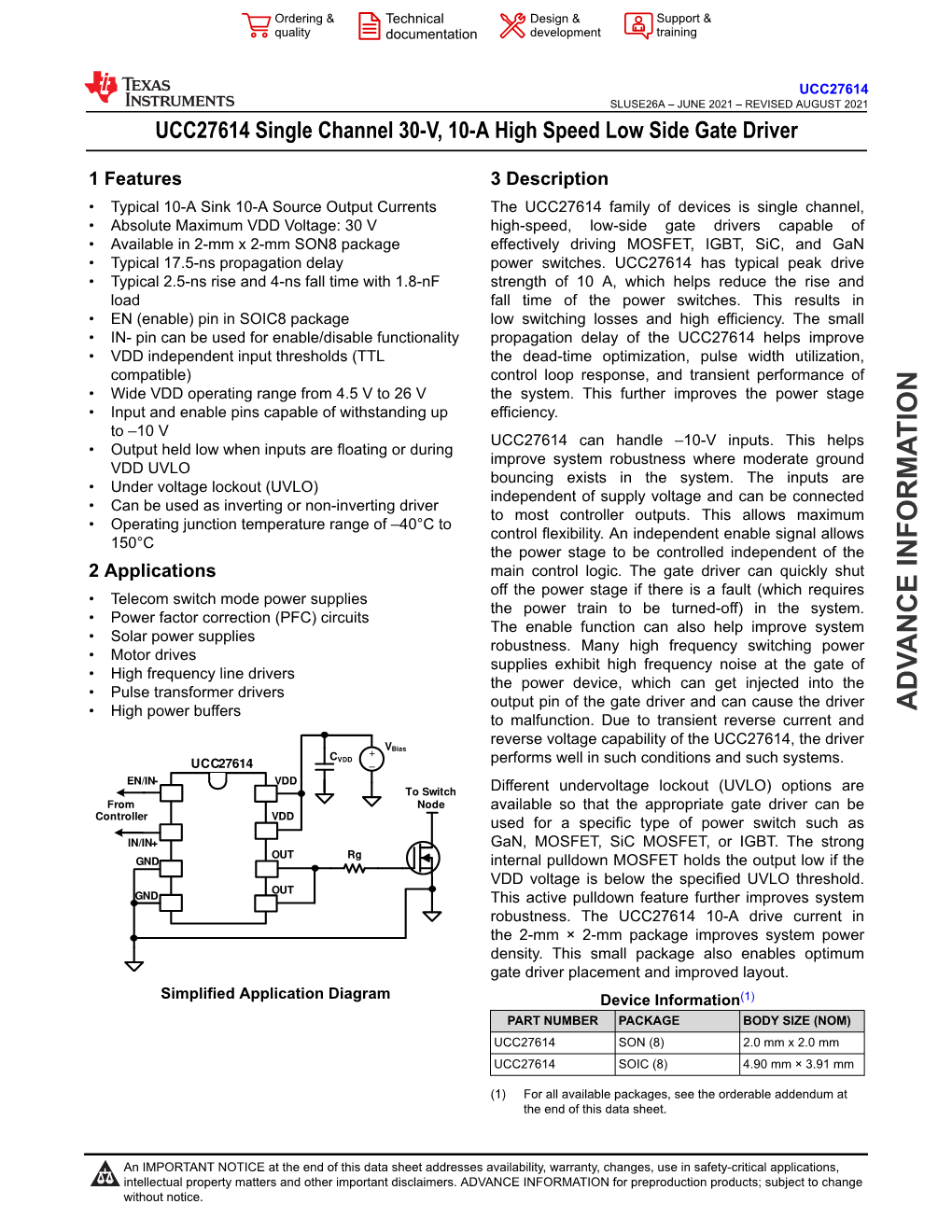 UCC27614 Single Channel 30-V, 10-A High Speed Low Side Gate Driver