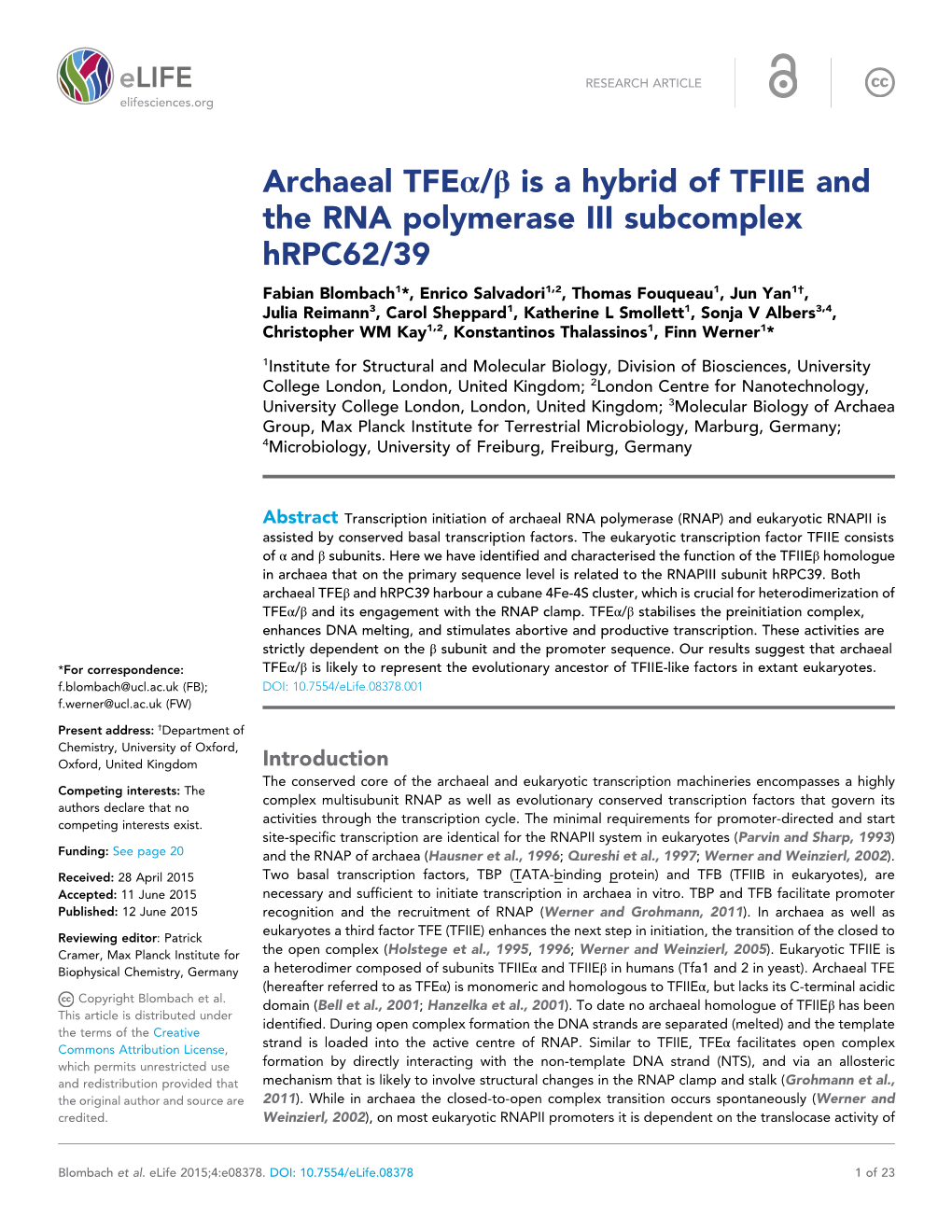Archaeal Tfeα/Β Is a Hybrid of TFIIE and the RNA Polymerase III