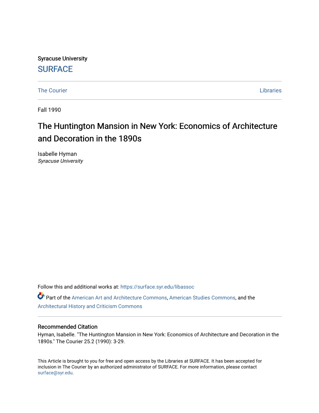 The Huntington Mansion in New York: Economics of Architecture and Decoration in the 1890S