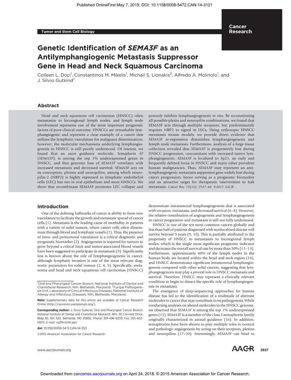 Genetic Identification of SEMA3F As an Antilymphangiogenic Metastasis Suppressor Gene in Head and Neck Squamous Carcinoma