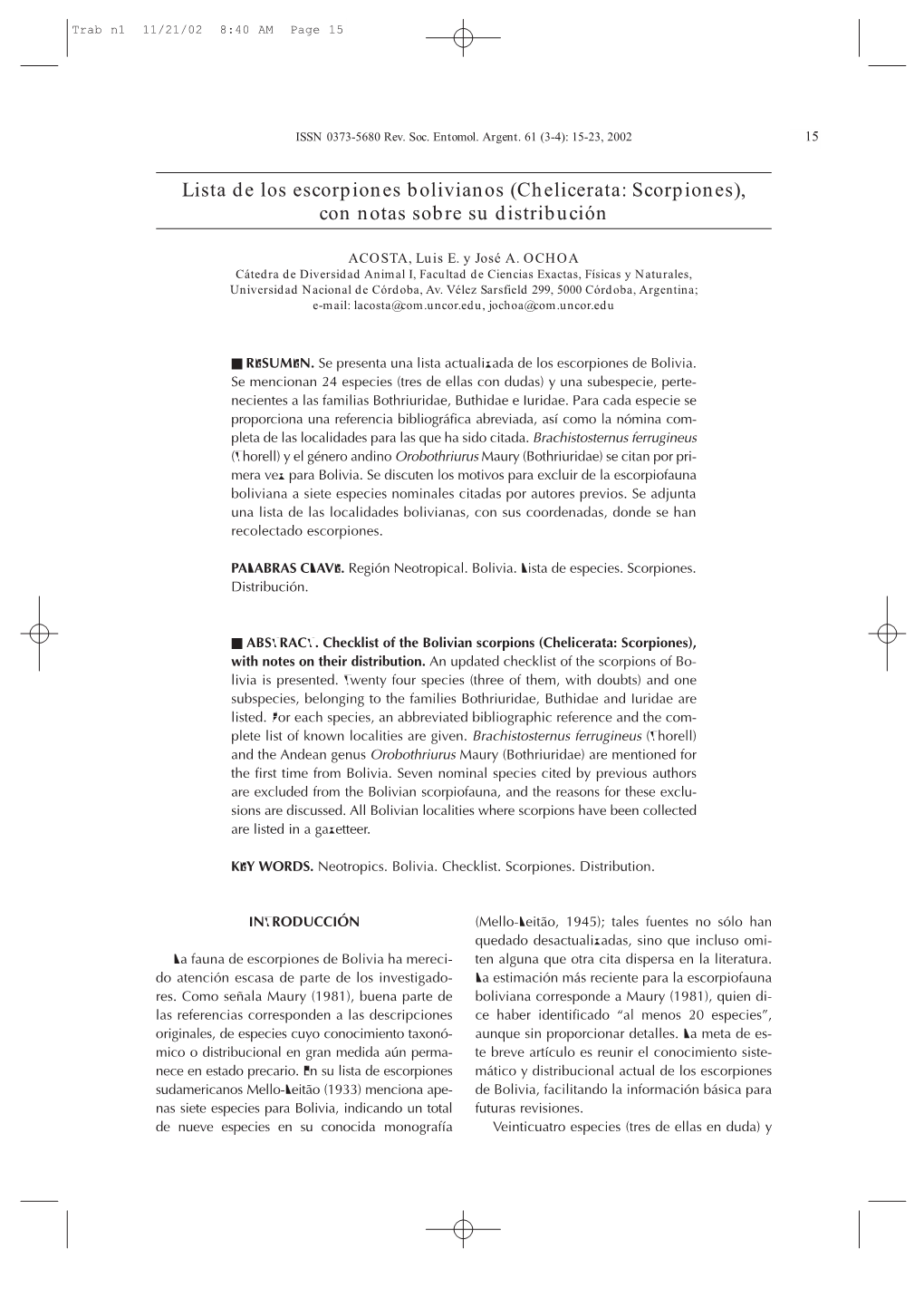 Lista De Los Escorpiones Bolivianos (Chelicerata: Scorpiones), Con Notas Sobre Su Distribución