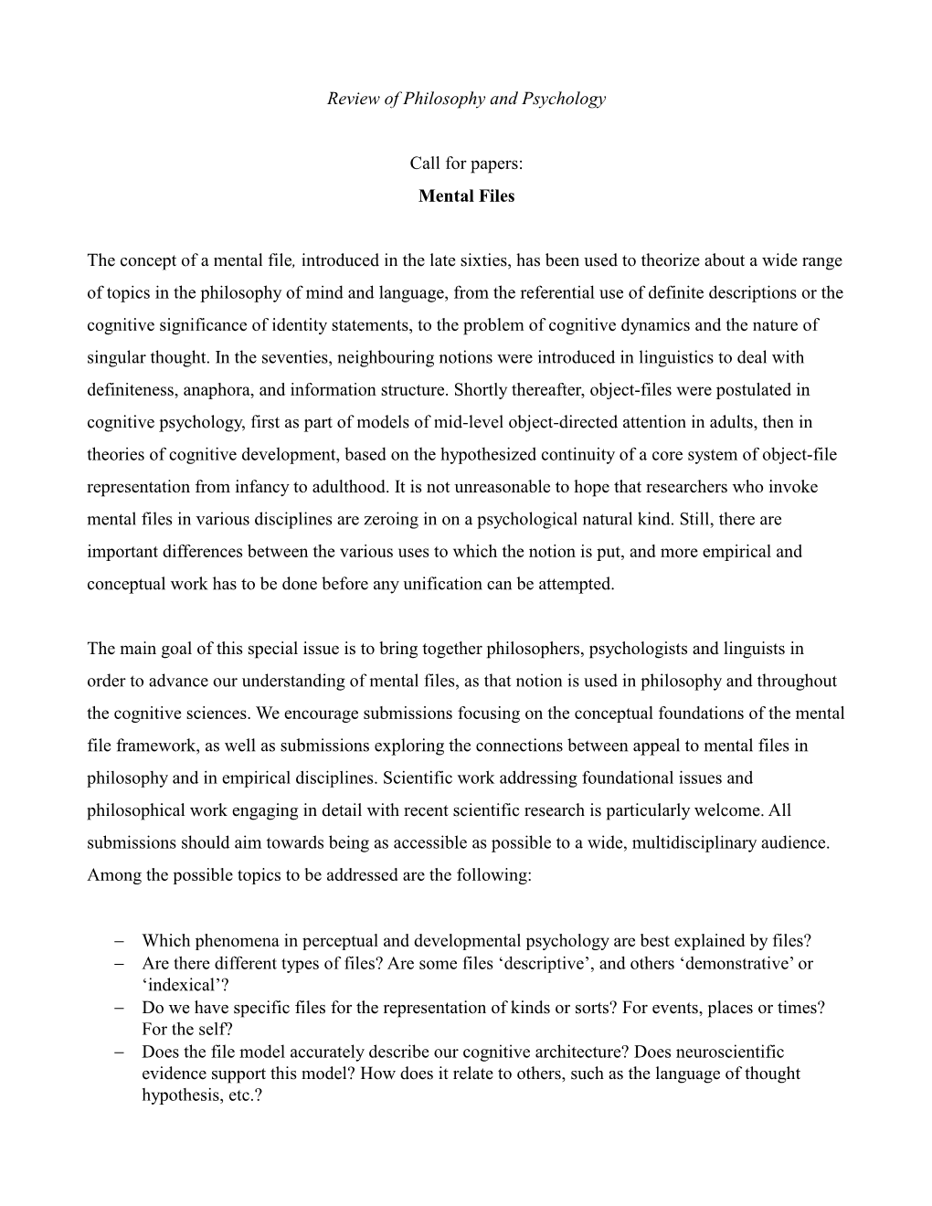 Review of Philosophy and Psychology Call for Papers: Mental