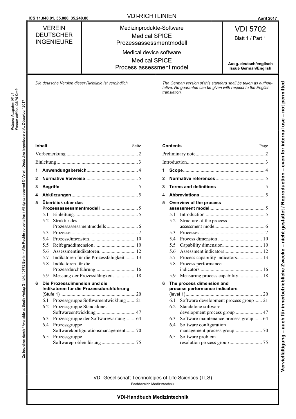 VDI 5702 DEUTSCHER Medical SPICE Blatt 1 / Part 1 INGENIEURE Prozessassessmentmodell