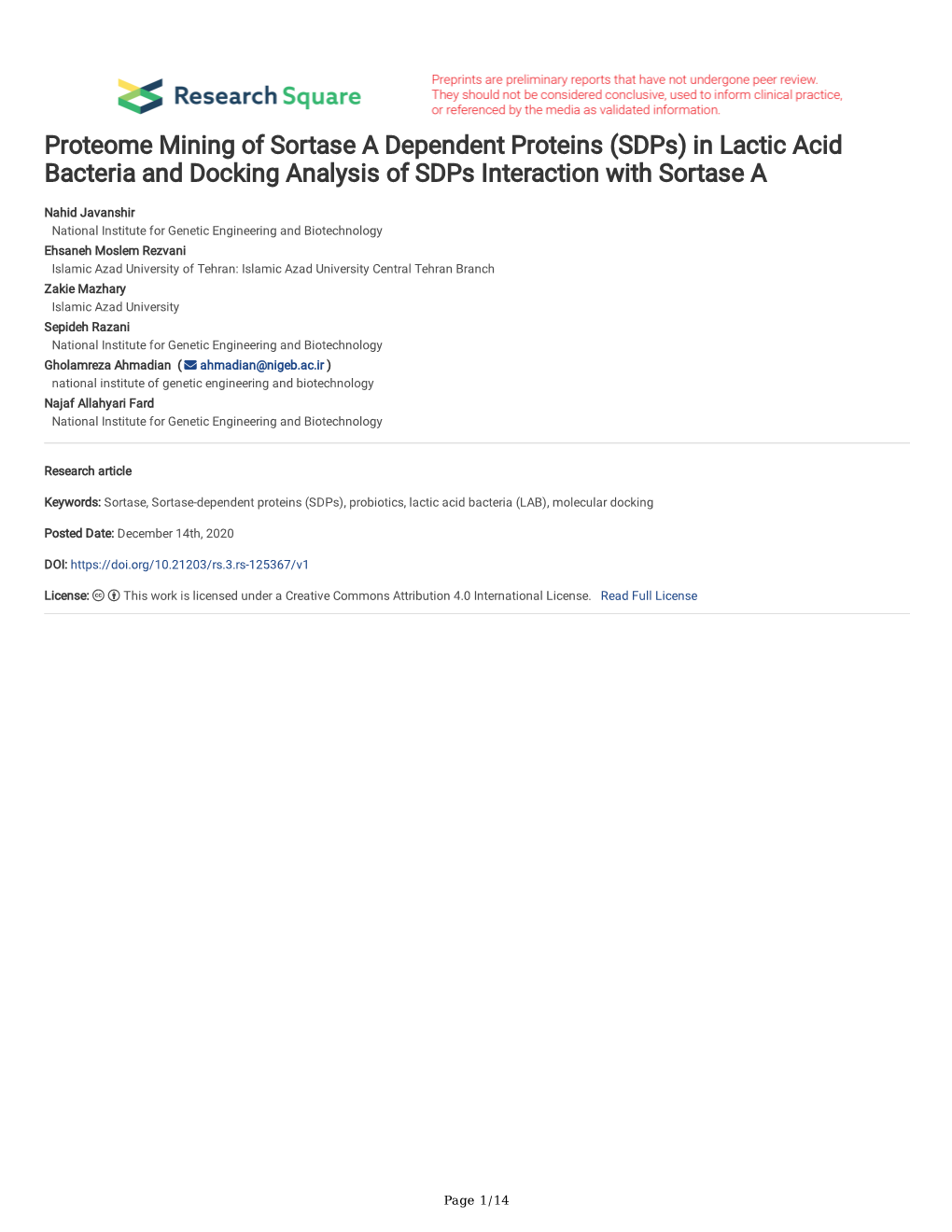 Proteome Mining of Sortase a Dependent Proteins (Sdps) in Lactic Acid Bacteria and Docking Analysis of Sdps Interaction with Sortase A