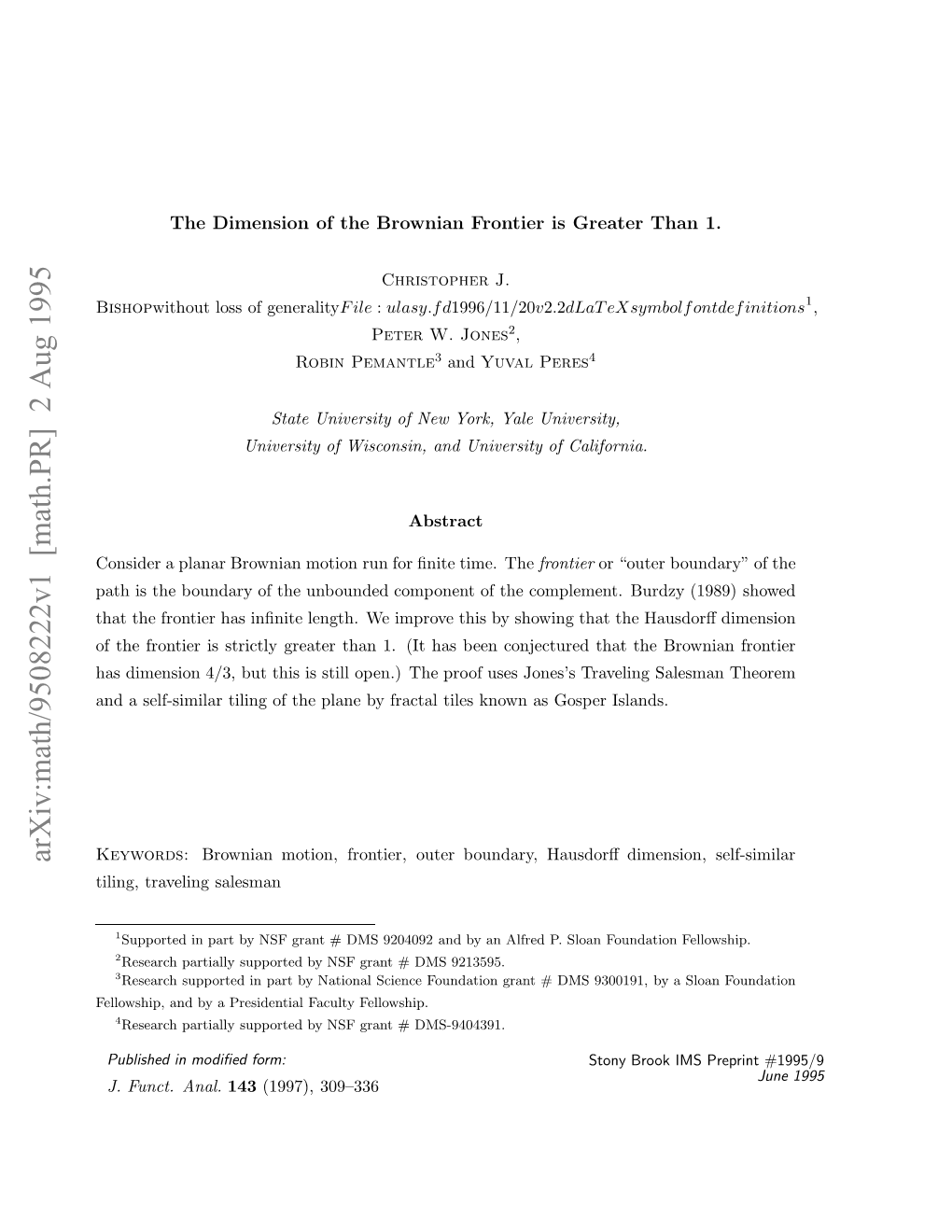 [Math.PR] 2 Aug 1995 Bishop Elwhp N Yapeieta Aut Fellowship