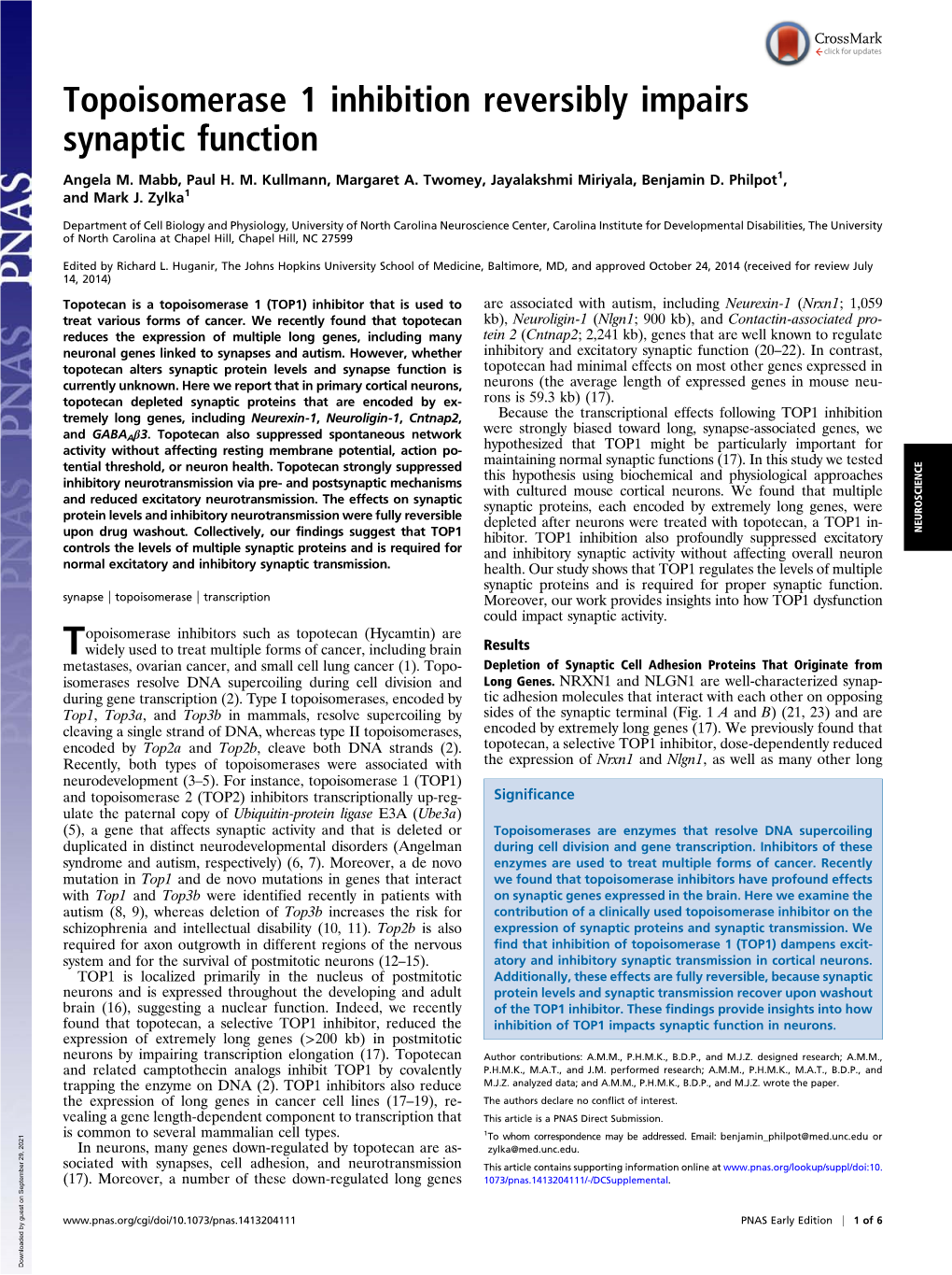 Topoisomerase 1 Inhibition Reversibly Impairs Synaptic Function