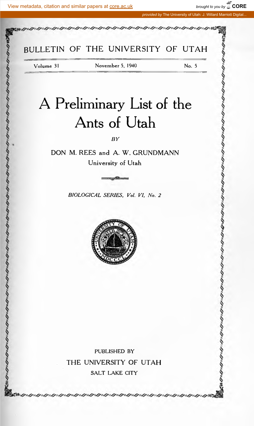 A Preliminary List of the Ants of Utah