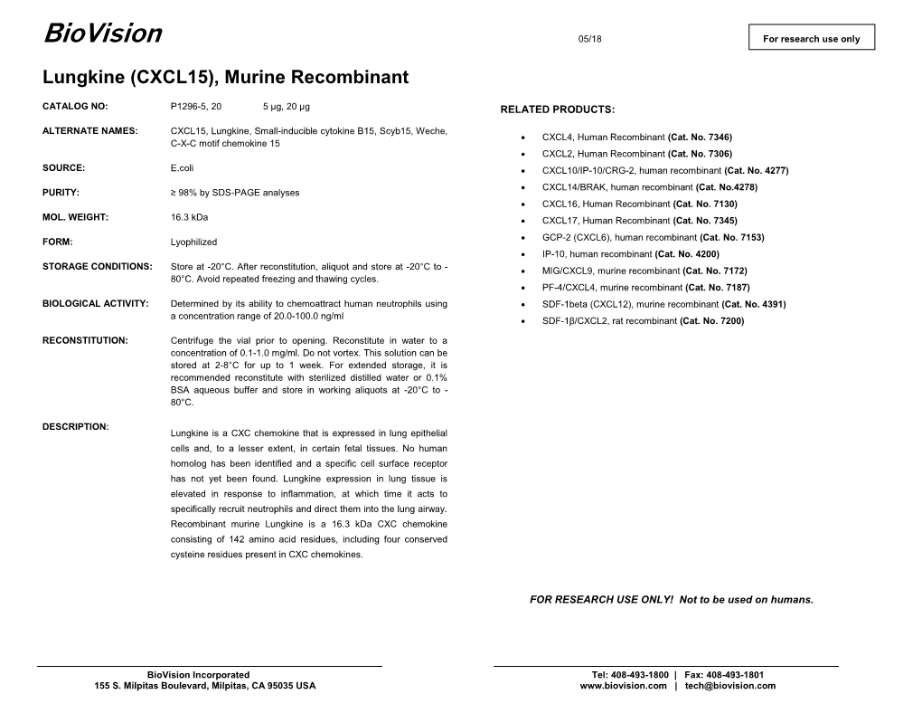 Lungkine (CXCL15), Murine Recombinant