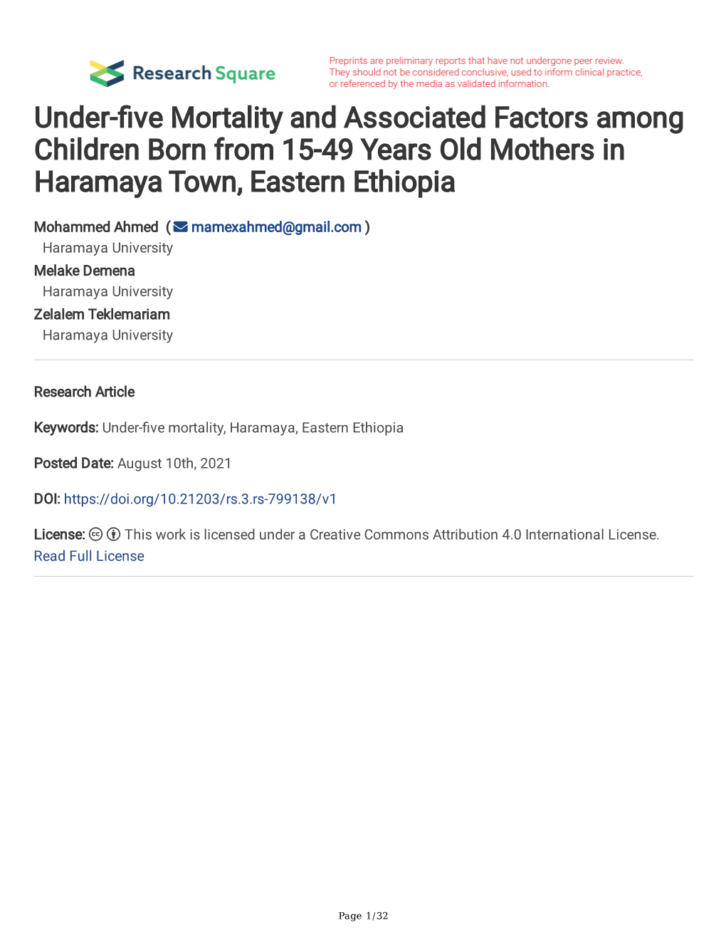 Ve Mortality and Associated Factors Among Children Born from 15-49 Years Old Mothers in Haramaya Town, Eastern Ethiopia