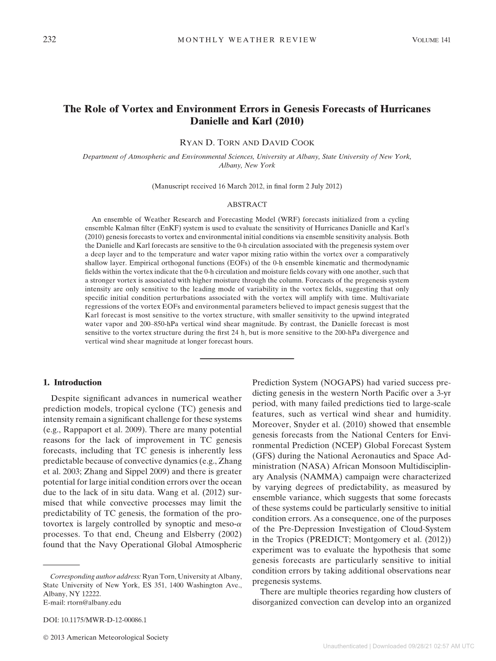 The Role of Vortex and Environment Errors in Genesis Forecasts of Hurricanes Danielle and Karl (2010)