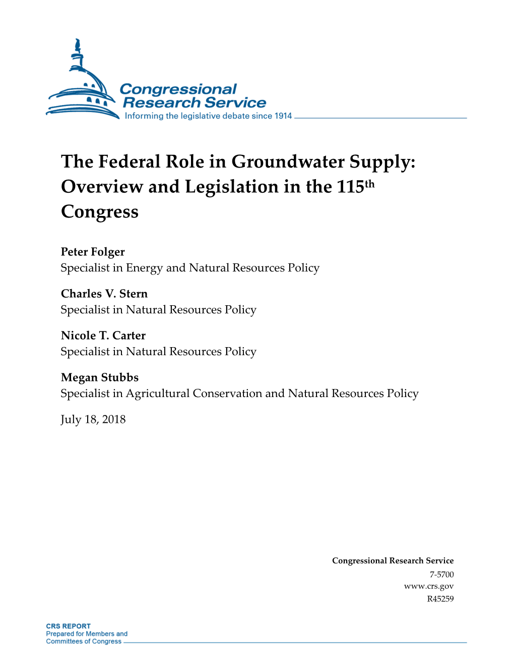 The Federal Role in Groundwater Supply: Overview and Legislation in the 115Th Congress