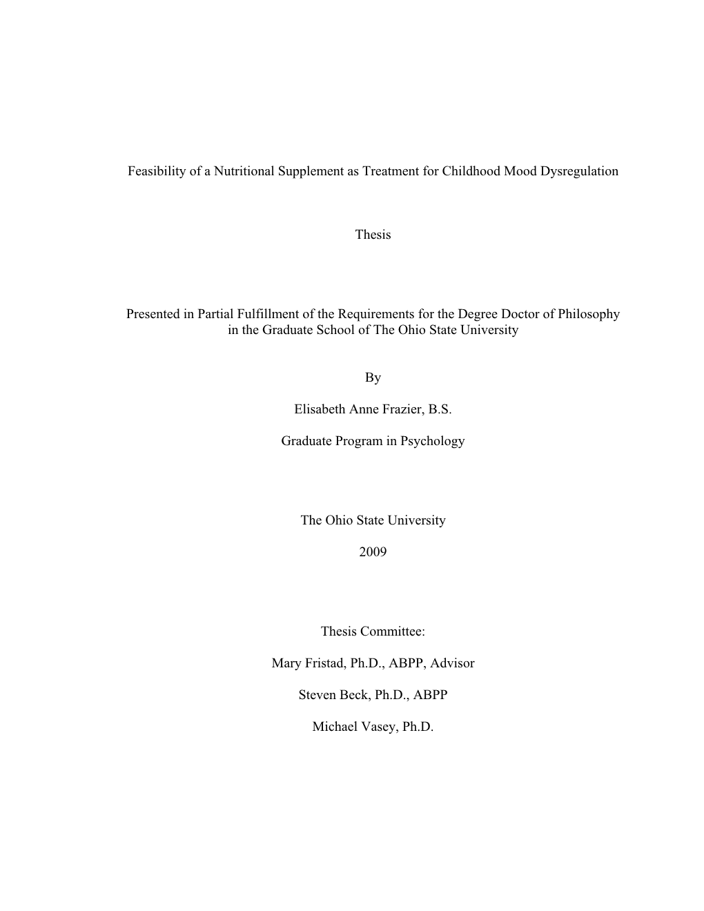 Feasibility of a Nutritional Supplement As Treatment for Childhood Mood Dysregulation