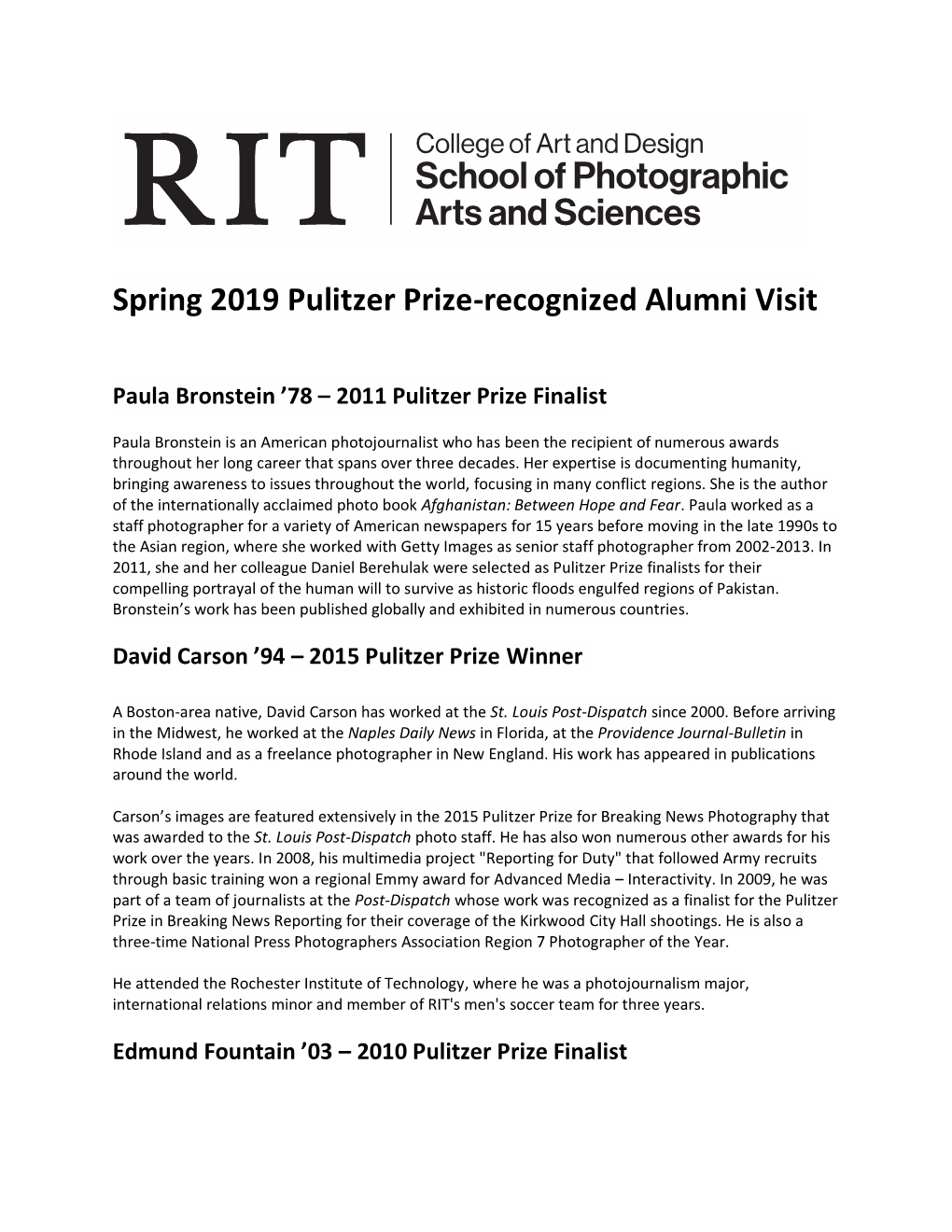 Spring 2019 Pulitzer Prize-Recognized Alumni Visit