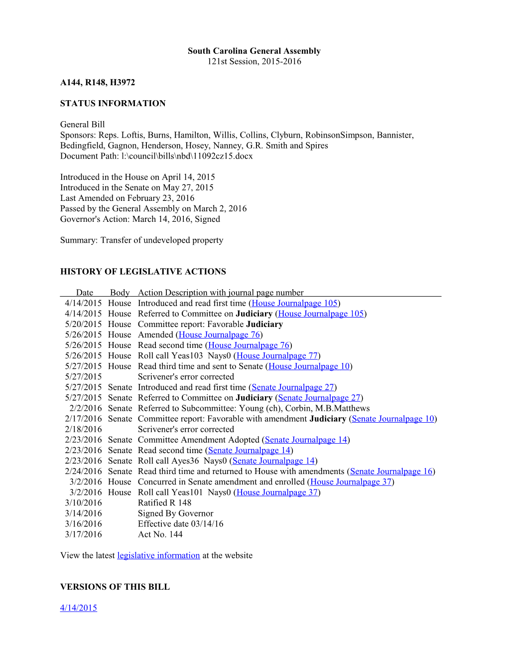 2015-2016 Bill 3972: Transfer of Undeveloped Property - South Carolina Legislature Online