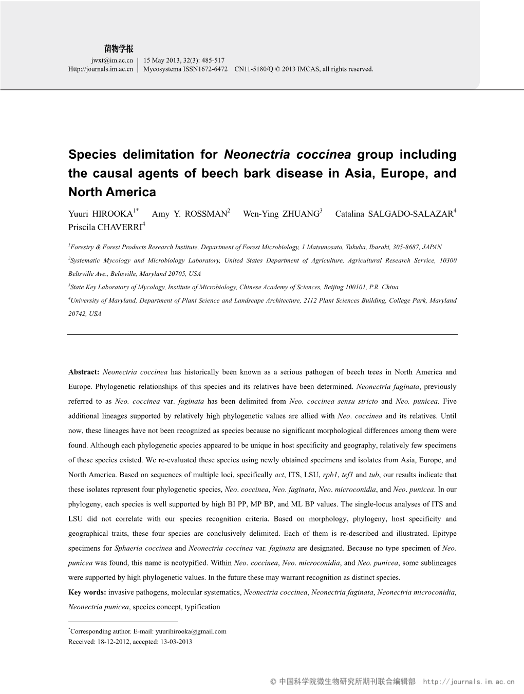 Species Delimitation for Neonectria Coccinea Group Including the Causal Agents of Beech Bark Disease in Asia, Europe, and North America