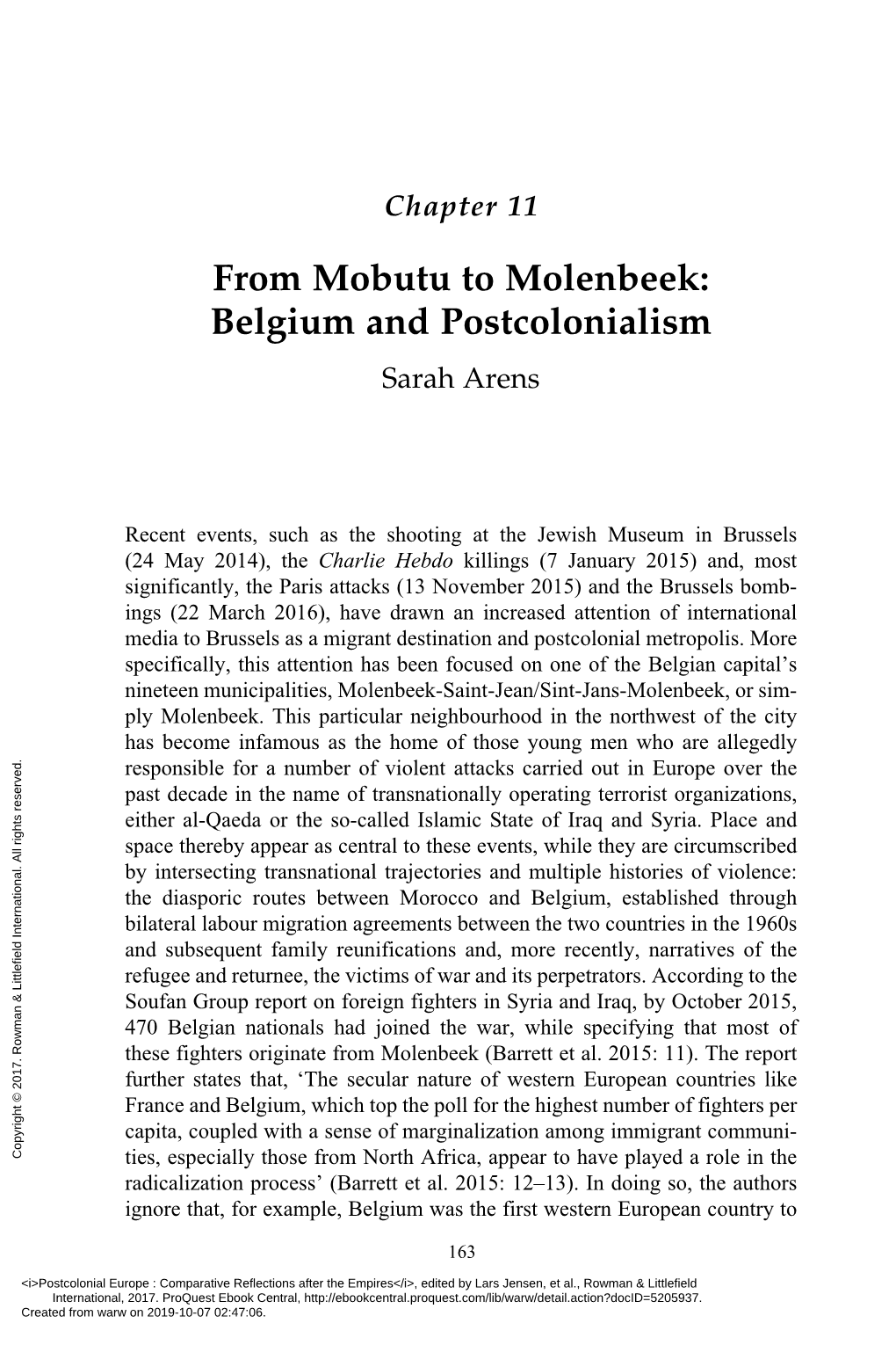 From Mobutu to Molenbeek: Belgium and Postcolonialism Sarah Arens