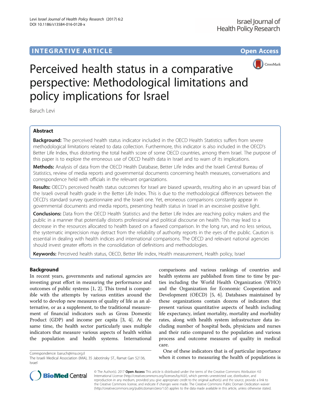 Perceived Health Status in a Comparative Perspective: Methodological Limitations and Policy Implications for Israel Baruch Levi