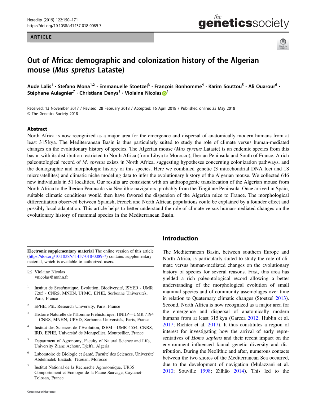 Out of Africa: Demographic and Colonization History of the Algerian Mouse (Mus Spretus Lataste)