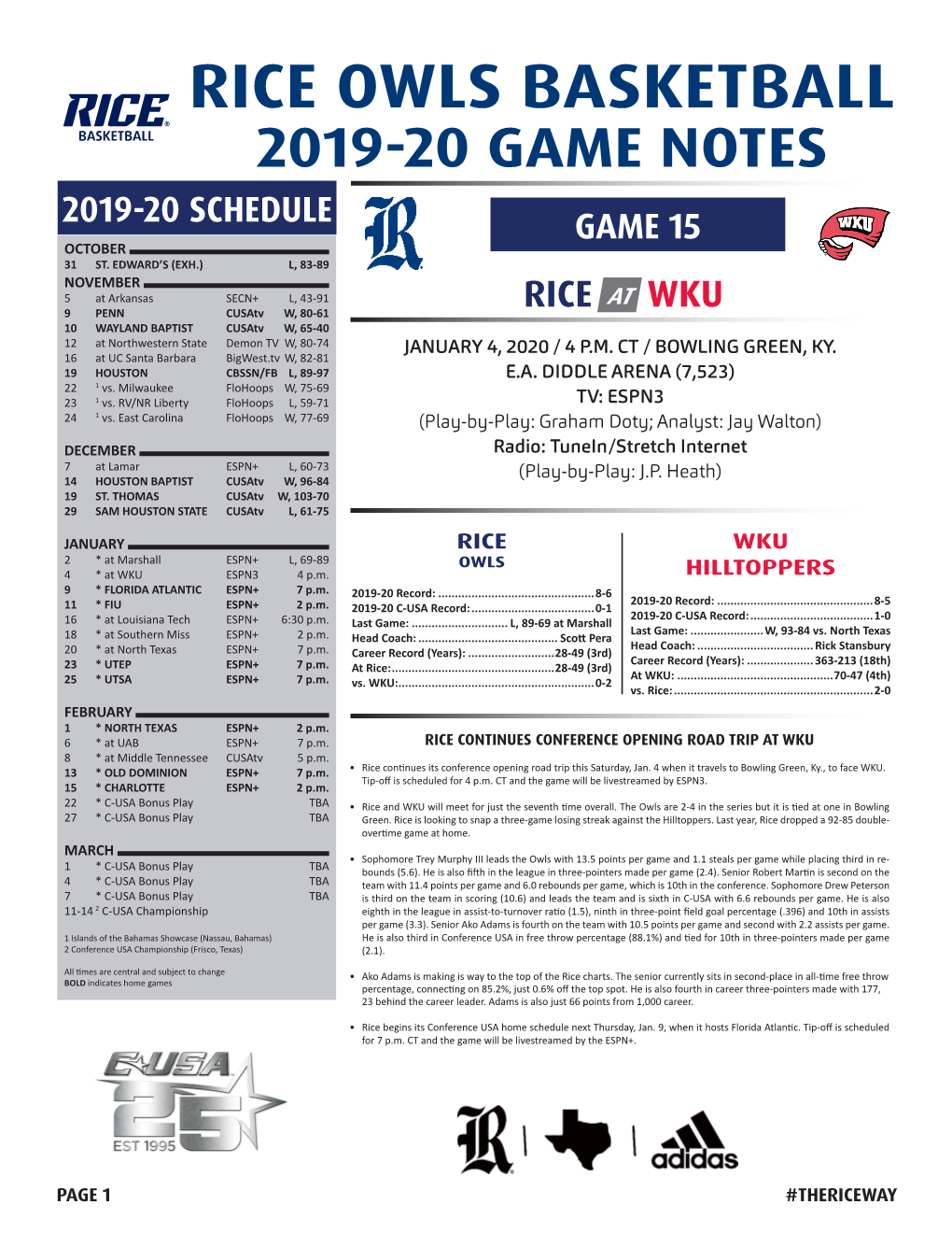 Rice Owls Basketball 2019-20 Game Notes 2019-20 Schedule Game 15 October 31 St