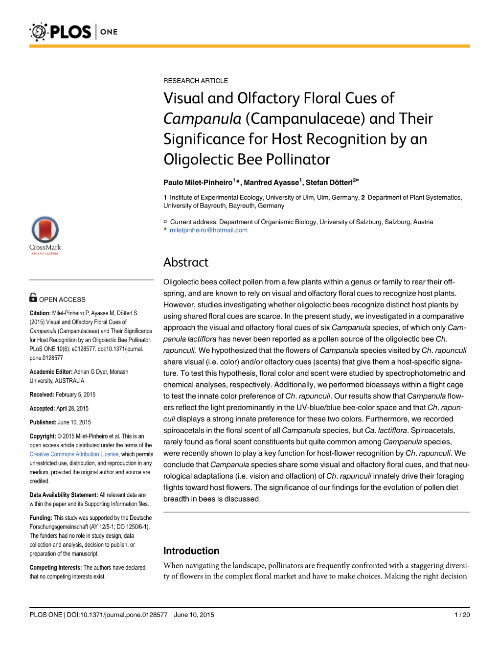 Visual and Olfactory Floral Cues of Campanula (Campanulaceae) and Their Significance for Host Recognition by an Oligolectic Bee Pollinator