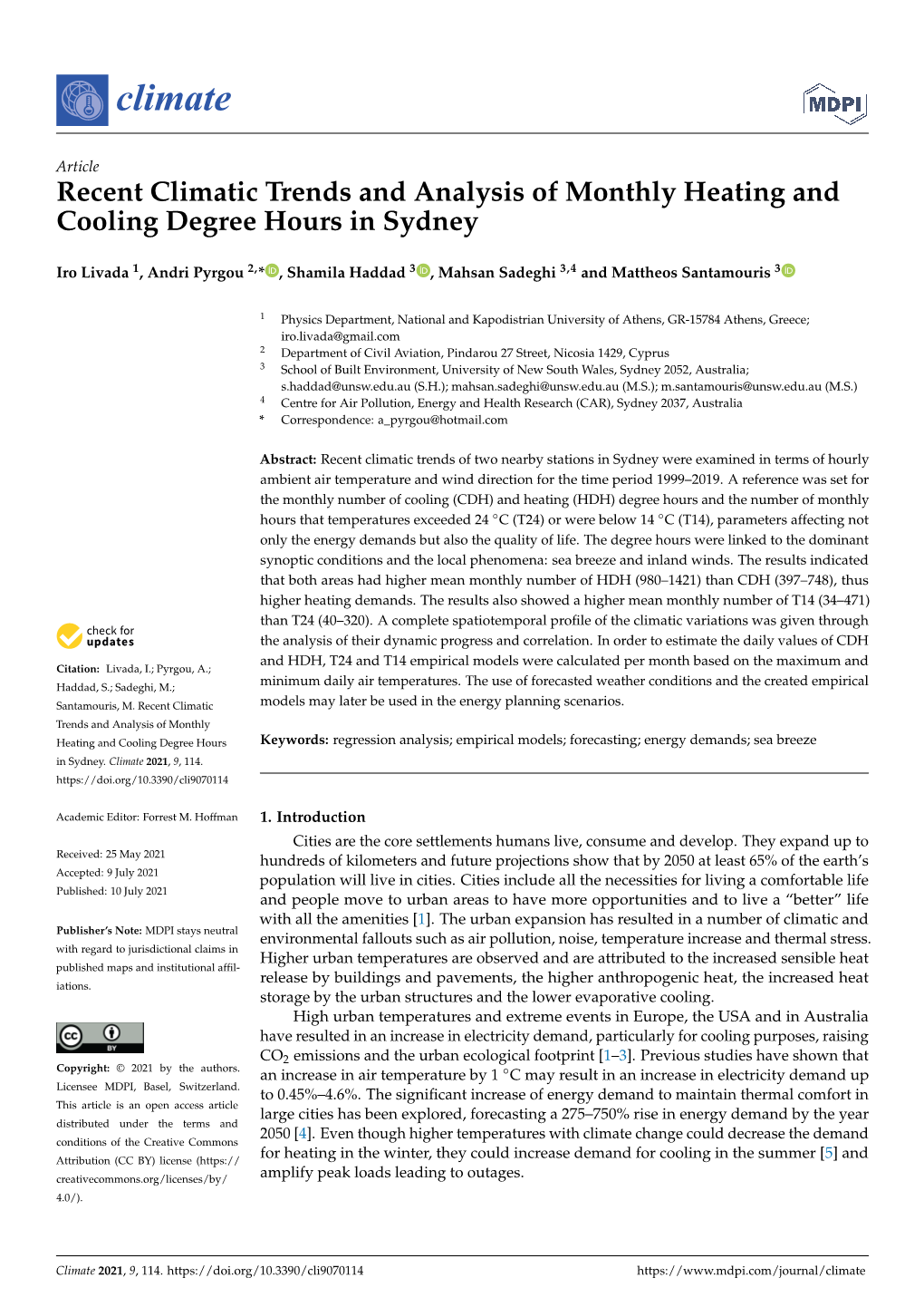 Recent Climatic Trends and Analysis of Monthly Heating and Cooling Degree Hours in Sydney