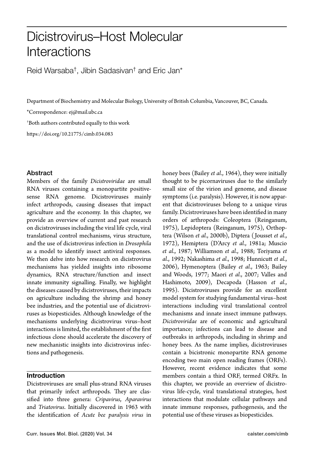 Dicistrovirus–Host Molecular Interactions Reid Warsaba†, Jibin Sadasivan† and Eric Jan*