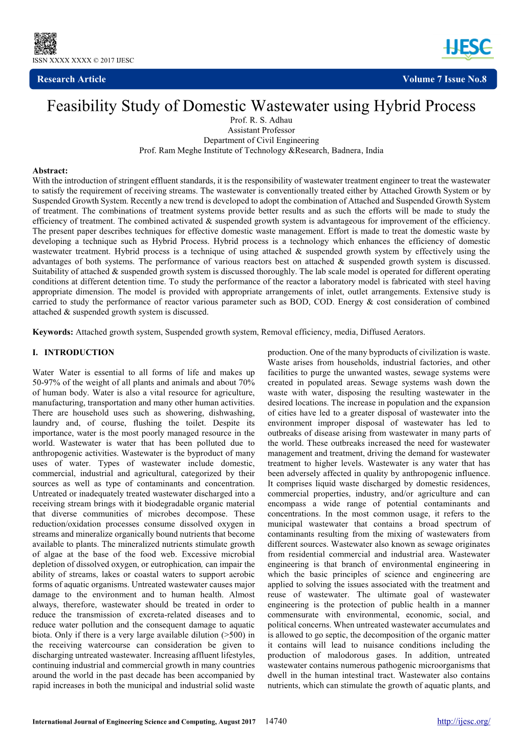 Feasibility Study of Domestic Wastewater Using Hybrid Process Prof