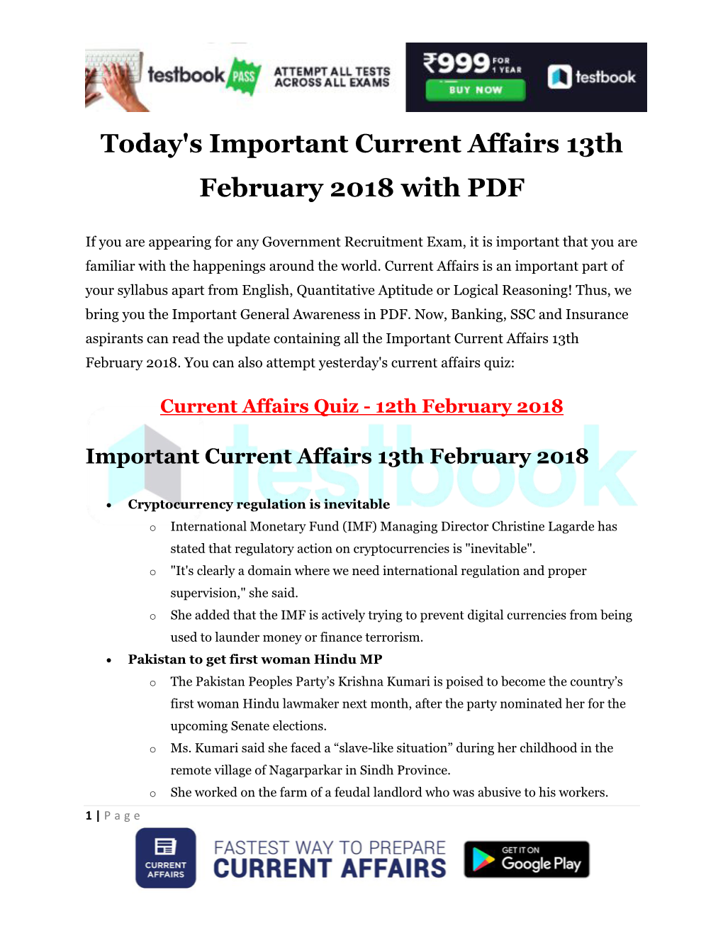 Today's Important Current Affairs 13Th February 2018 with PDF