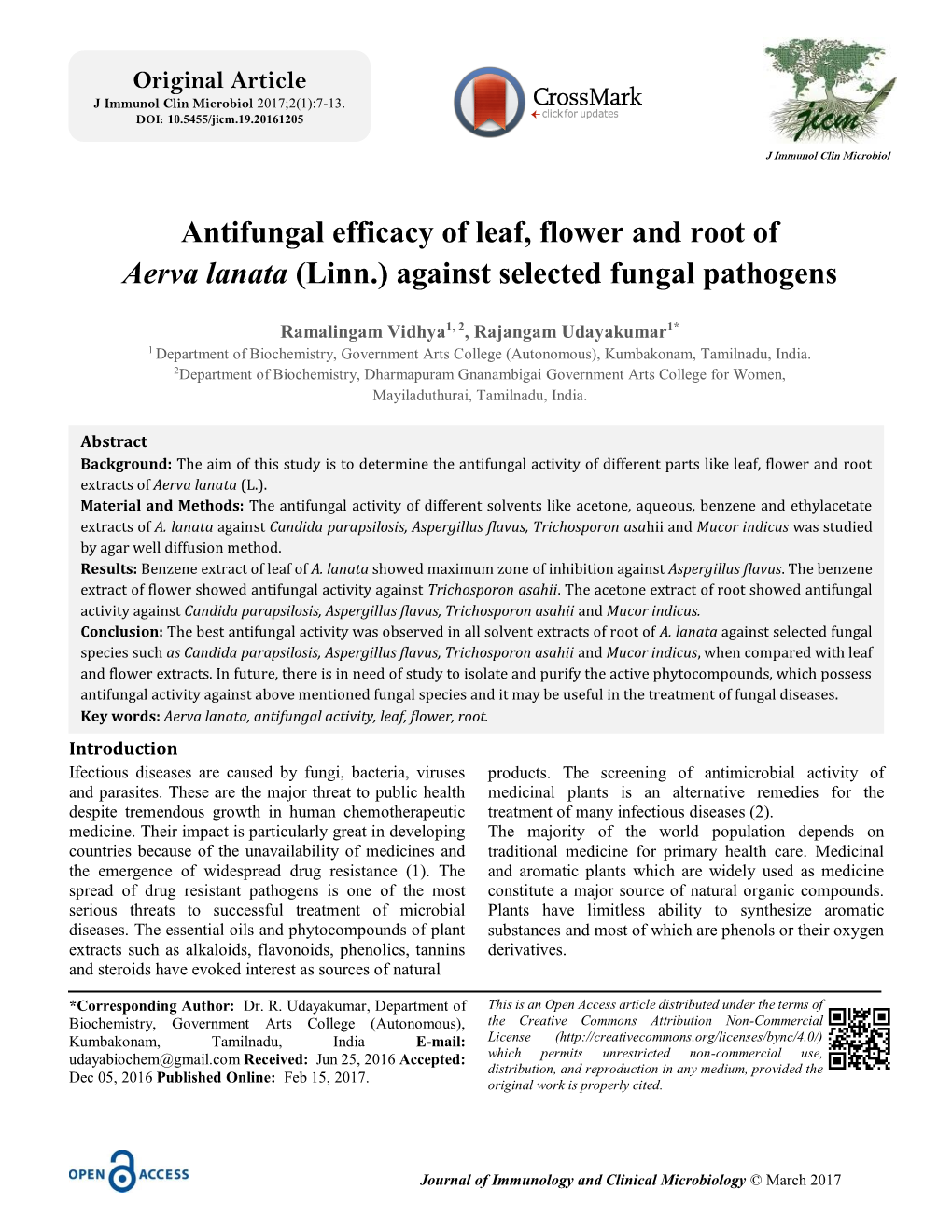 Antifungal Efficacy of Leaf, Flower and Root of Aerva Lanata (Linn.) Against Selected Fungal Pathogens