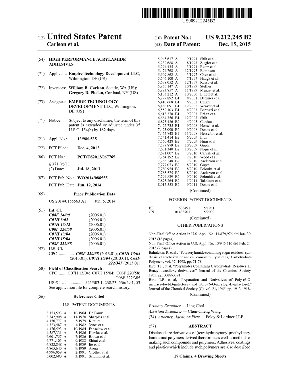 (12) United States Patent (10) Patent No.: US 9.212,245 B2 Carlson Et Al