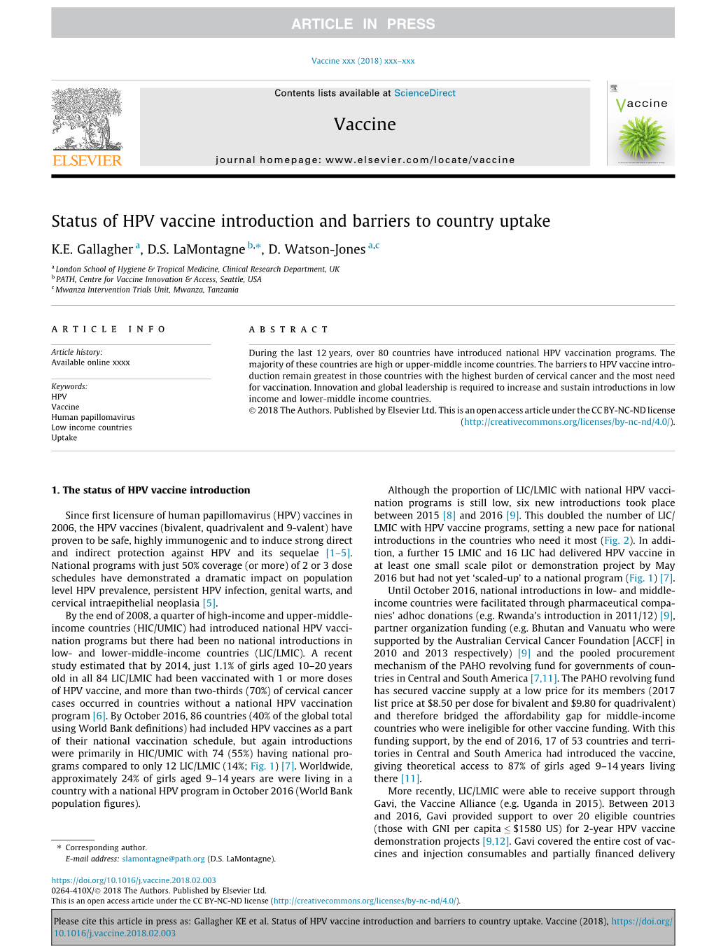 Status of HPV Vaccine Introduction and Barriers to Country Uptake ⇑ K.E