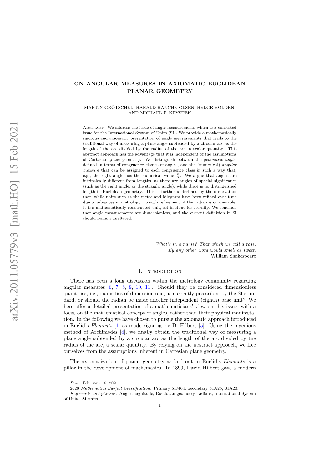 Arxiv:2011.05779V3 [Math.HO] 15 Feb 2021 Nua Esrs[ Measures Angular Ilri H Eeomn Fmteais N19,Dvdhil David 1899, in Mathematics